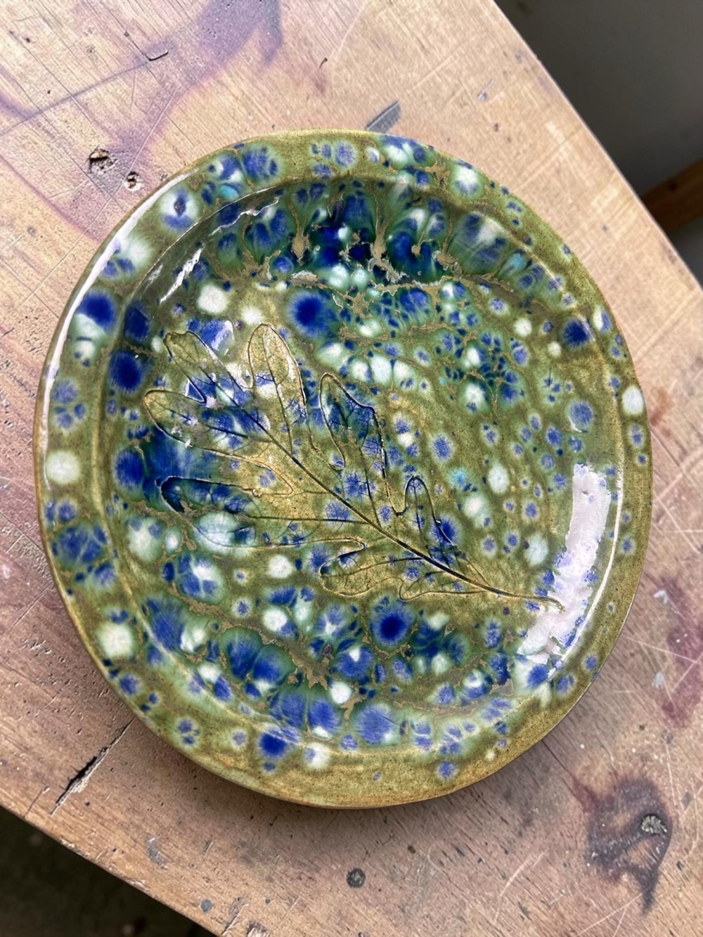 Signed 2002 Studio Pottery Leaf Plate Blue Green Crystalline Glaze 8”